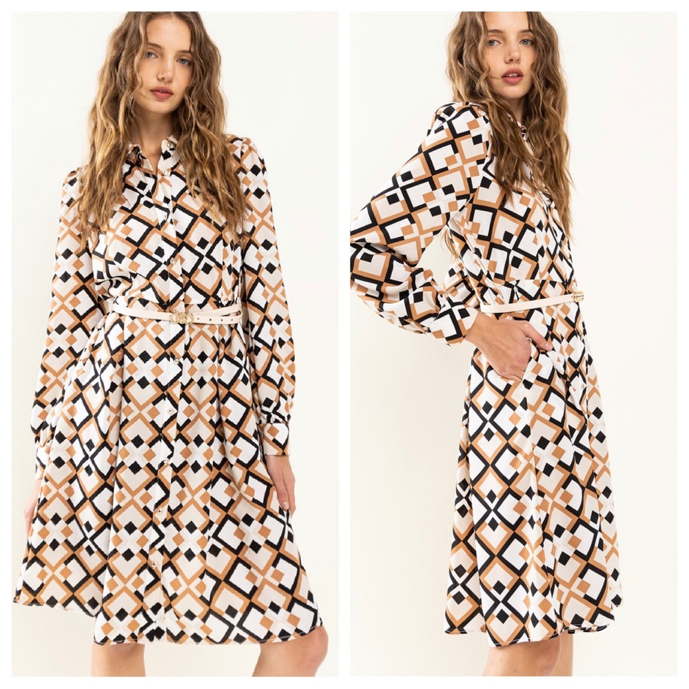 Geometric Print Woven Basic Collared Midi Dress - Picture 3 of 4
